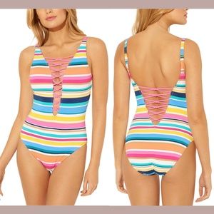 NWT Bleu by Rod Beattie [ 4 ] Lattice Striped One-Piece‎ Swimsuit